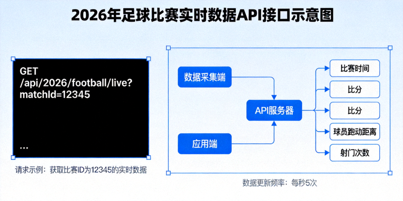 2026年足球比赛实时数据API接口示意图，显示代码与数据流